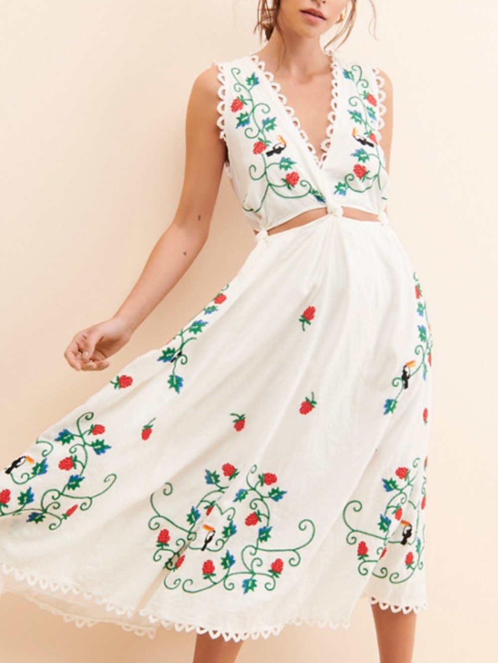 Farm Rio Cross Stitch Toucan Embroidered Midi Dress Linen Blend
